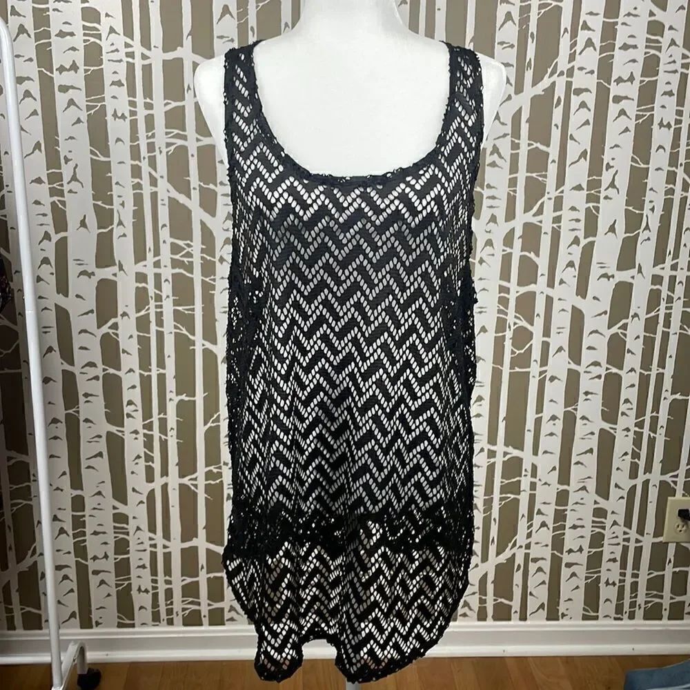 Chevron crochet mesh black swim coverup